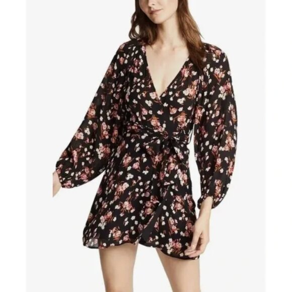 A.L.C. Carlo Black Floral Silk Wrap Mini Dress - Picture 1 of 10